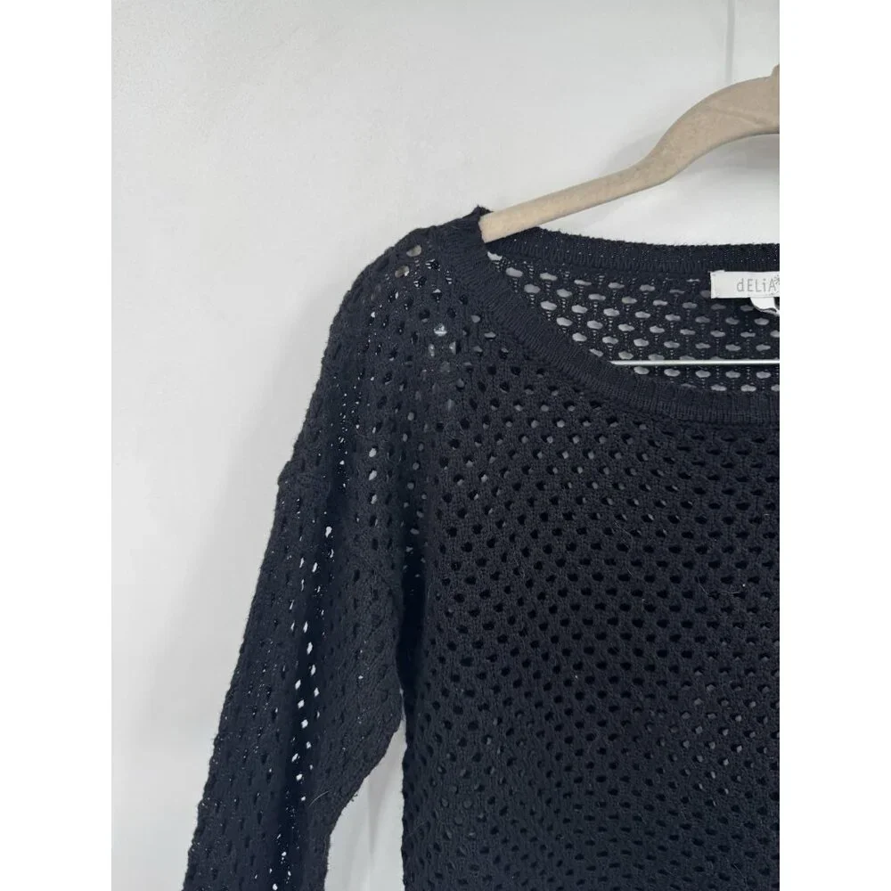 Delia's Rave Witchy Goth Retro Y2K Sheer‎ Knit Crop Top Women M Black Open Knit